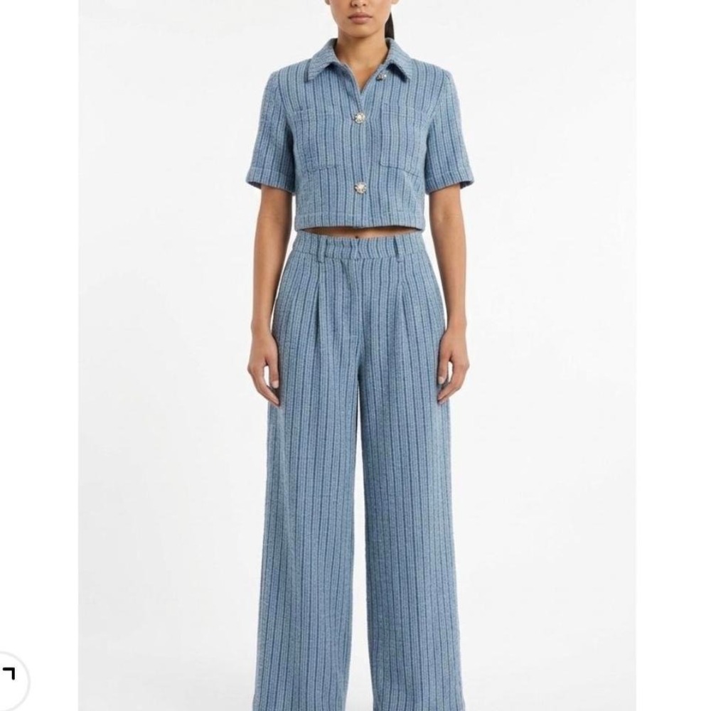 House of Harlow 1960 Blue tweed button up shirt and wide leg pants set